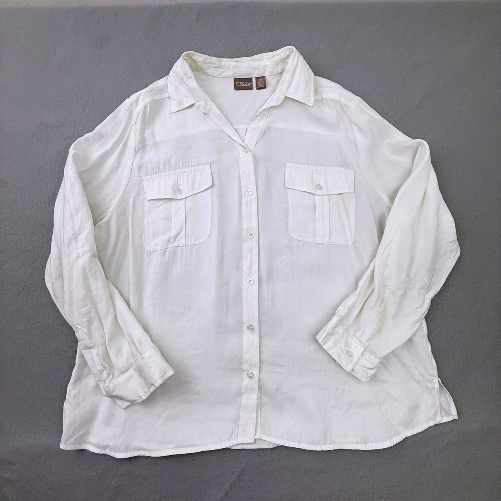 Chico's Button Down Women 3 White Casual Linen Blend Roll Tab Pocket Top